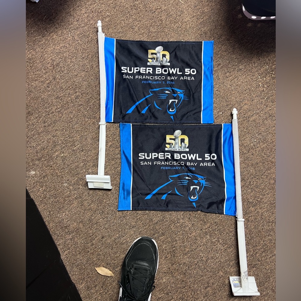 Super Bowl 50 car flags Carolina Panthers like new condition #Z-22 Collector set